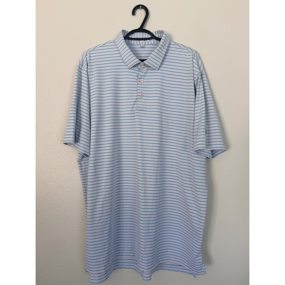 Peter Millar Summer Comfort Mens XL Blue White Striped Golf Polo Bear Paw Logo